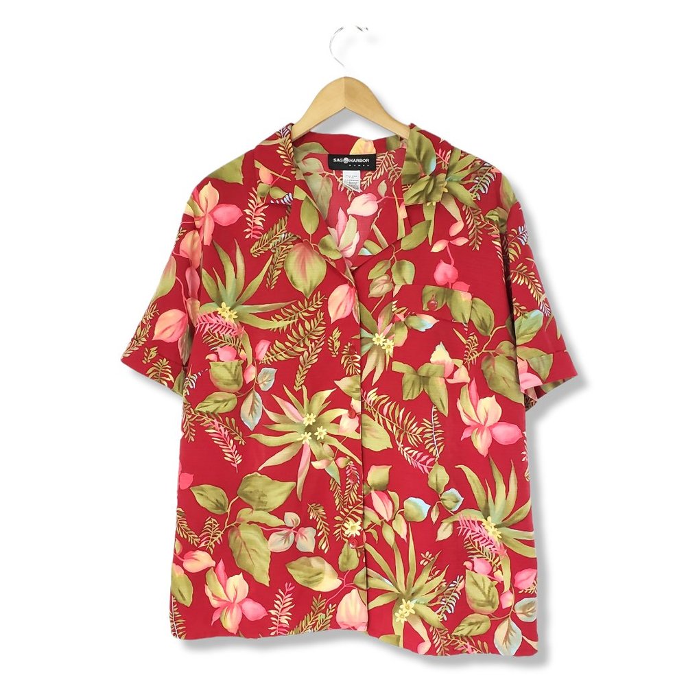 Sag Harbor Red and Green Tropical Floral Print Button-up Top Size 2X